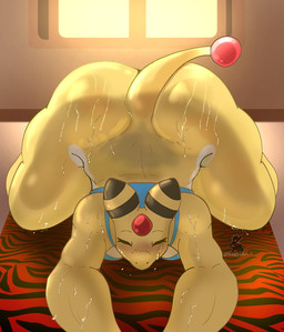 anthro ass_up big_butt blue_clothing blue_topwear blush bodily_fluids bottomless breasts butt clothed clothing eyelashes eyes_closed female forehead_gem front_view gem huge_butt solo stretching sweat tail_gem thick_thighs topwear white_body wide_hips yellow_body boggsart nintendo pokemon ampharos generation_2_pokemon pokemon_(species) hi_res