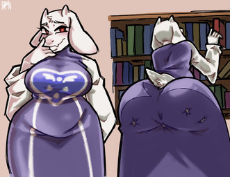 anthro big_breasts big_butt book breasts butt butt_crush clothed clothing female macro micro oblivious tail trapped iddyyart undertale_(series) toriel bovid caprine goat mammal hi_res