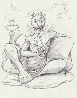 anthro bottomwear chest_tuft claws clothed clothing finger_claws front_view head_tuft hookah leaning leaning_backward looking_at_viewer male male_anthro pillow sitting slim_anthro slim_male smoke solo spread_legs spreading topless tuft whiskers hufnaar felid mammal 2018 dated hi_res monochrome sketch
