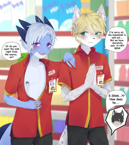 anthro breastmilk cashier clothed clothing duo horn male nipples open_clothing open_shirt open_topwear shirt text topwear young young_anthro caninelatte mythology damien_creta ren_itsuki dragon felid leopard mammal mythological_creature mythological_scalie pantherine scalie absurd_res english_text hi_res
