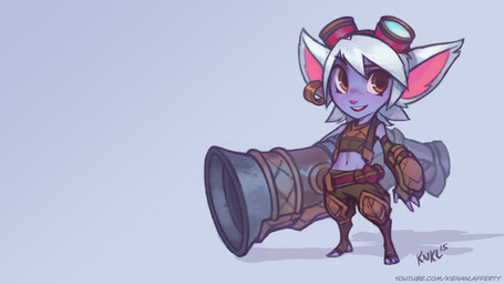 armor belt blue_body cannon ear_piercing ear_ring eyewear eyewear_on_head female goggles goggles_on_head hair looking_aside navel not_furry piercing ranged_weapon ring_piercing short smile solo standing text weapon white_hair kienan_lafferty league_of_legends riot_games tencent tristana_(lol) humanoid yordle 16:9 2015 hi_res url widescreen