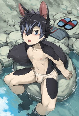 anthro black_body black_fur black_hair blush briefs bulge clothed clothing fur hair kemono male multicolored_body multicolored_fur navel nipples rock sitting solo tail topless underwear underwear_only water white_body white_fur young young_anthro young_male daikung canid canine mammal 2025 absurd_res hi_res