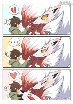 ambiguous_gender anthro blush blush_lines boop brown_hair claws clothing cute_fangs duo exclamation_point eyebrow_through_hair eyebrows eyeless eyes_closed fangs grey_body hair happy heart_symbol hoodie larger_anthro looking_at_another musical_note musical_symbol nose_boop open_mouth open_smile question_mark red_eyes simple_background size_difference smaller_human smile symbol teeth text tongue topwear translucent translucent_hair white_hair yellow_sclera rocking_jjj nintendo pokemon generation_8_pokemon hisuian_form hisuian_zoroark human mammal pokemon_(species) regional_form_(pokemon) 2025 absurd_res comic digital_media_(artwork) hi_res japanese_text signature