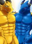 abs animal_genitalia anthro arm_around_shoulders athletic biceps big_muscles blue_body blue_eyes blue_skin claws duo fangs fist front_view genital_slit genitals grin happy horn jewelry male male/male manly muscular muscular_male nude pecs pose red_eyes ring scales sharp_teeth smile spikes standing teeth yellow_body yellow_skin ryuukikeito blue_dragon_(series) mythology blue_dragon_(character) rudolph_(blue_dragon) dragon mythological_creature mythological_scalie scalie 2014 3:4