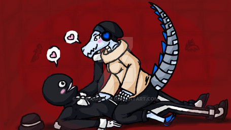 alternate_color beanie blush bottomwear bow_(feature) bow_tie breasts clothing crossgender cybernetics duo electronics female footwear hat headgear headphones headwear heart_symbol hoodie machine male metal_tail non-mammal_breasts pants prosthetic shirt shoes top_hat topwear nyaodragon lethal_league candyman_(lethal_league) latch crocodile crocodilian cyborg humanoid reptile scalie 16:9 widescreen
