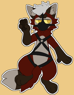 anthro bdsm bondage bondage_gear bound fur gesture hair half-closed_eyes hand_gesture male muzzle_(object) muzzled narrowed_eyes red_body red_fur restraints solo tail v_sign white_hair yellow_eyes rookspirit canid canine fox mammal red_fox true_fox absurd_res hi_res