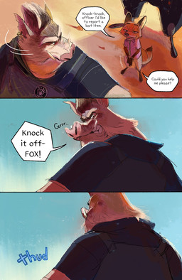 anthro armor clothing cuff_(restraint) desert dialogue female fur group handcuffs male metal_cuffs necktie orange_body orange_fur piercing police police_uniform restraints text trio uniform o_mah12 disney zootopia captain_hoggbottom nick_wilde canid canine fox mammal red_fox suid suine sus_(pig) true_fox wild_boar 2025 comic digital_media_(artwork) english_text hi_res
