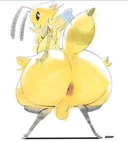 antennae_(anatomy) anthro anus arthropod_abdomen backsack balls black_sclera bottom_heavy genitals hand_on_butt male simple_background solo white_background wings yellow_body sqoon bee_boy_(mooneater) alien arthropod bee hymenopteran insect puwa 2019 absurd_res hi_res