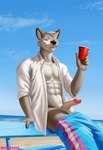 abs anthro balls beach bench claws clothed clothing container cup dress_shirt encounter erection exhibitionism finger_claws fur genitals grey_body grey_fur light looking_at_viewer male muscular navel nude open_clothing open_shirt open_topwear outside painting pecs penis red_cup sand sea seaside shirt smile solo sunlight swimwear topwear unbuttoned_shirt water whisker_spots white_body white_clothing white_fur white_shirt white_topwear otterboxed canid canine canis mammal wolf absurd_res hi_res