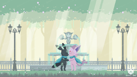 anthro anthro_on_anthro anthrofied biped black_body black_fur clothed clothing detailed_background duo ear_markings eyes_closed facial_markings female fence flower forehead_gem forehead_markings forked_tail fountain fur gem grass green_body green_fur green_markings hand_holding head_markings headgear kiss_on_lips kissing light light_beam male male/female markings multicolored_body multicolored_ears multicolored_fur multicolored_tail partially_clothed pink_body pink_fur plant purple_inner_ear romantic romantic_ambiance romantic_couple scarf sculpture standing statue street_lamp sunbeam sunlight tail tail_markings text tree two_tone_body two_tone_fur unusual_anatomy unusual_tail water aiex571 nintendo pokemon eeveelution espeon generation_2_pokemon generation_3_pokemon pokemon_(species) roselia umbreon 16:9 2022 colored digital_drawing_(artwork) digital_media_(artwork) english_text hi_res pixel_(artwork) signature watermark widescreen
