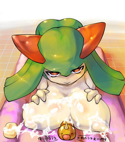 bath bathtub big_breasts breasts bubble detailed_background duo female huge_breasts looking_at_viewer nipples non-mammal_nipples not_furry orange_eyes pokemorph shortstack soap text water bondo nintendo pokemon generation_1_pokemon generation_3_pokemon humanoid kirlia pokemon_(species) weedle japanese_text translation_request