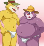 anthro asian_clothing belly big_belly blush bulge clothing duo east_asian_clothing fundoshi hat headgear headwear japanese_clothing kemono male male/male moobs overweight overweight_male purple_body simple_background underwear white_clothing white_fundoshi white_underwear yellow_body kmhr_889012 montana_jones montana_jones_(character) felid mammal 2024 hi_res