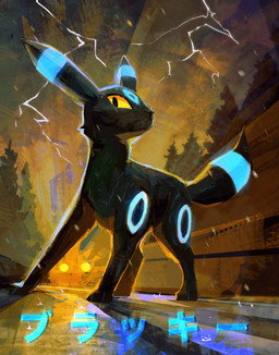 ambiguous_gender black_body black_fur electricity evergreen_tree feral fur lightning markings paws pine_tree plant raining ring_(marking) solo tail text tree yellow_eyes andewitt_art nintendo pokemon eeveelution generation_2_pokemon pokemon_(species) shiny_pokemon umbreon 2025 hi_res japanese_text