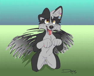 anthro black_body black_fur black_nose ear_piercing ear_stud featureless_crotch female freckled_face freckles fur grey_body grey_fur head_tuft high-angle_view kneeling lgbt_pride looking_up nude one_ear_up open_mouth open_smile pansexual_pride_colors paw_pose piercing pink_tongue pose pride_color_piercing pride_colors smile snout solo tail tail_motion tailwag tongue tongue_out tuft yellow_eyes dyyrlysh riley_ruff border_collie canid canine canis collie domestic_dog herding_dog mammal pastoral_dog sheepdog 2025 aliasing aseprite_(artwork) digital_drawing_(artwork) digital_media_(artwork) dithering full-length_portrait hi_res portrait trans_(lore) trans_woman_(lore)