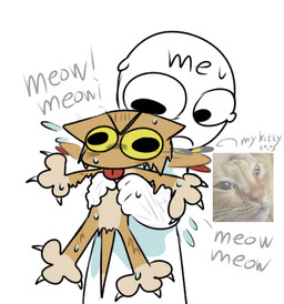 ambiguous_gender angry bodily_fluids claw_marks duo feral fur holding_object humor meow orange_body orange_fur scratches sweat sweatdrop tail tears tongue tongue_out wet yellow_sclera mimid_(artist) domestic_cat felid feline felis human mammal hi_res