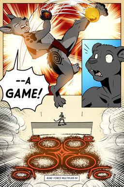 anthro breasts claws clothed clothing dialogue digitigrade dramatic_lighting duo female fingerless_gloves gloves gums handwear kick magic motion_blur motion_lines net surprised tattoo teeth tongue topless volleyball_net yelling rick_griffin ideka canid canine canis felid mammal pantherine wolf 2024 2:3 comic hi_res