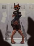 anthro ar_platform assault_rifle athletic athletic_female bottomwear bottomwear_down breasts clothed clothing female genitals gun hair locker locker_room m4 nipples pants pants_down partially_clothed pussy ranged_weapon rifle shirt_up smile solo standing stoner_rifle teeth thick_thighs weapon wide_hips viga domina_vargas canid canine canis dobermann domestic_dog mammal pinscher 2018 3:4 digital_media_(artwork) hi_res