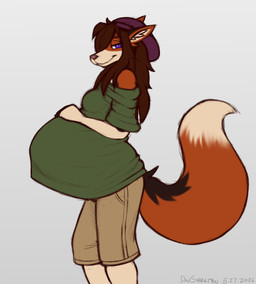 anthro beanie belly big_belly black_nose blue_eyes bottomwear breasts brown_body brown_fur brown_hair clothed clothed_anthro clothed_female clothing dipstick_tail female fur gloves_(marking) green_clothing green_shirt green_topwear hair hand_on_own_belly hat headgear headwear huge_belly inner_ear_fluff khaki_shorts leg_markings long_hair looking_at_viewer markings multicolored_body multicolored_fur pregnant pregnant_anthro pregnant_female purple_clothing purple_eyes purple_hat purple_headwear red_body red_fur shirt shorts socks_(marking) solo standing tail tail_markings tan_body tan_fur tan_inner_ear tan_inner_ear_fluff tan_tail_tip topwear tuft two_tone_body two_tone_fur dansharkman autumn_(dansharkman) canid canine fox mammal red_fox true_fox 2026 digital_drawing_(artwork) digital_media_(artwork) english_description hi_res