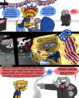 3_panel_comic accessory clothing dialogue duo eyes_closed fangs female fur grey_body grey_skin half-closed_eyes humor male money narrowed_eyes necktie purse speech_bubble suit teeth text tusks wide_eyed yellow_body yellow_fur happyroadkill republican_party_(usa) george_o._pillsburry republican_elephant bird_dog canid canine canis domestic_dog elephant elephantid golden_retriever hunting_dog mammal proboscidean retriever absurd_res english_text hi_res