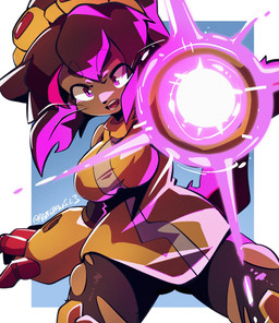 anthro arm_cannon breasts brown_body brown_hair clothing eyebrow_through_hair eyebrows eyelashes eyewear eyewear_on_head female goggles goggles_on_head hair magenta_eyes open_mouth ranged_weapon solo translucent translucent_hair weapon weapon_arm whiskers yellow_sclera szangsedezhua01 gameoverse glitch_productions kit_bodega domestic_cat felid feline felis mammal 2026 hi_res