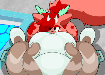 ambiguous_gender antlers belly big_belly bite duo first_person_view fur hair horn inflatable leaking_air looking_at_viewer markings mouth_play onomatopoeia orange_body orange_fur pool_toy popping puncture red_hair smile sound_effects star_(marking) tail teeth text thick_thighs water wings starrydraco chai_(starrydraco) starry_(starrydraco) animate_inanimate living_inflatable mammal therrigon digital_media_(artwork) english_text hi_res