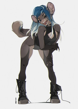 anthro biped boots breasts cheek_piercing claws clothed clothed_anthro clothed_female clothing ear_piercing ear_ring female fingers footwear front_view fur hair looking_at_viewer piercing ring_piercing shoes simple_background smile solo standing tail teeth tongue hale. chinchilla chinchillid mammal rodent 2026 absurd_res digital_drawing_(artwork) digital_media_(artwork) hi_res