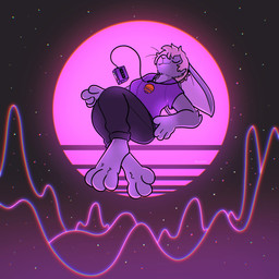 anthro bottomwear cheek_tuft chin_tuft clothing earbuds ears_back electronics eyes_closed facial_tuft floating fur grey_body grey_fur hair headphones male pants pink_hair pivoted_ears portable_music_player shirt simple_background smile solo sweatpants synthwave t-shirt topwear tuft xing1 lagomorph leporid mammal rabbit 1:1 absurd_res hi_res