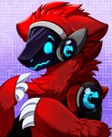 anthro claws directional_arrow fur gesture hand_gesture machine male metal pointing pointing_at_self protogen_visor red_body red_fur screen screen_face shy solo visor pridark protogen 2021 half-length_portrait hi_res portrait