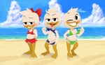 anthro balls beach blush bulge clothed clothing crossdressing erection genitals group male nipples penis seaside swimwear trio two-piece_swimsuit undressing young young_anthro young_male enookie disney ducktales ducktales_(2017) dewey_duck huey_duck louie_duck anatid anseriform avian bird duck absurd_res hi_res brother_(lore) brothers_(lore) sibling_(lore) triplets_(lore)