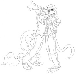 anthro antlers bottomwear clothing duo eyewear fur glasses hat headgear headwear horn male male/male pants shirt smile tail tail_tuft topwear tuft wuffinarts mythology dragon eastern_dragon furred_dragon furred_scalie haplorhine mammal monkey mythological_creature mythological_scalie primate scalie monochrome