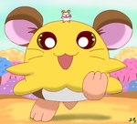 brown_body brown_fur duo extreme_size_difference female feral fur green_eyes macro pink_tree plant size_difference standing_on_head tree white_body white_fur pichu90 hamtaro_(series) pashmina_(hamtaro) penelope_(hamtaro) cricetid hamster mammal rodent