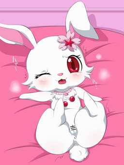anus blush breath censor_bar cherry_blossom chest_tuft female flower fur genitals ineffective_censorship jewelry lying necklace one_eye_closed open_mouth plant prunus_(flower) red_eyes solo text tuft vulva white_body white_fur wink umejiru jewelpet sanrio sega sega_fave ruby_(jewelpet) hare japanese_hare lagomorph leporid mammal 3:4 censored hi_res japanese_text