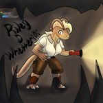 anthro black_clothing black_footwear black_shoes blonde_eyebrows blonde_hair bottomwear breasts brown_bottomwear brown_clothing brown_shorts cargo_shorts cave cave_background claws clothed clothed_anthro clothed_female clothing eyebrows female flashlight footwear freckles hair looking_around multicolored_body multicolored_scales non-mammal_breasts orange_eyes scales shirt shorts solo stalagmite tan_body tan_scales text topwear white_clothing white_shirt white_shirt_collar white_topwear ottendo sinisterslyfox dilophosaurid dilophosaurus dinosaur prehistoric_species reptile scalie theropod 1:1 english_description english_text hi_res shaded soft_shading
