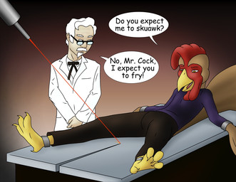 anthro barefoot beak bound bow_(feature) bow_tie brown_eyes clothed clothed_anthro clothed_human clothed_male clothing dialogue duo eyewear facial_hair feet glasses goatee hair laser light_body light_skin male mustache parody restrained speech_bubble text white_hair yellow_beak danaume kfc colonel_sanders avian bird chicken galliform human mammal phasianid 2013 comic_sans english_text