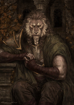 anthro armor beard braided_beard clothing facial_hair facial_scar fingerless_gloves furniture gloves handwear inside male scar sitting solo table rabentanz critical_role dungeons_and_dragons hasbro magic:_the_gathering wizards_of_the_coast teor_pridesire felid leonin lion mammal pantherine digital_media_(artwork) hi_res signature