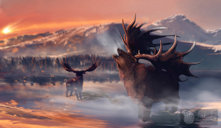 amazing_background amazing_detail brown_body brown_fur detailed_background duo evergreen_tree feral forest fur howl huge_antlers lake male mountain nature outside partially_submerged pine_tree plant quadruped realistic sun sunset tree inkabg2 ambient_bird cervine deer irish_elk mammal megaloceros prehistoric_species 2024 absurd_res detailed digital_media_(artwork) digital_painting_(artwork) hi_res painting_(artwork)