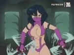 2019 2d_animation 4:3 animated areola big_breasts black_hair bluethebone breasts clothed clothing exposed_breasts fangs female frame_by_frame hair headgear humanoid looking_at_viewer mask melee_weapon mileena monster mortal_kombat navel nipples not_furry open_mouth presenting retro sai_(weapon) short_playtime skimpy solo tarkatan teeth text tongue weapon yellow_eyes