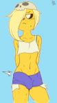 anthro blush bottomwear bulge clothed clothing gynomorph hair half-closed_eyes intersex long_hair looking_away midriff narrowed_eyes navel shirt shorts simple_background solo topwear yellow_body dezz adventure_time cartoon_network bronwyn_(adventure_time) bear canid canine canis chimera domestic_dog hybrid mammal rainicorn 2018 hi_res