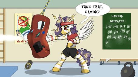 athletic_wear boxing female feral gaming gym horn punch solo sport weights wings cocaine_(artist) conditional_dnp hasbro my_little_pony mythology fan_character princess_coke equid equine mammal mythological_creature mythological_equine winged_unicorn zebra hi_res