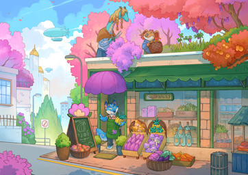 ambiguous_gender anthro apron basket blue_body blue_fur bottle brown_body brown_fur city clothing container detailed_background food fruit fur green_apron green_body green_clothing group holding_basket holding_container holding_food holding_fruit holding_object horn lamp looking_down outside plant sign smile standing store street tail tree sandara critter_kitchen mythology canid dragon koala mammal marsupial mythological_creature mythological_scalie scalie vombatiform 2025 official_art