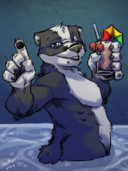 anthro arm_tuft armpit_hair belly_tuft beverage biped black_body black_claws black_fur black_lips black_nose black_pawpads blue_eyes body_hair cherry claws cocktail_garnish cocktail_umbrella drinking_straw elbow_tuft food fruit fur gesture grey_background grin hand_gesture handpaw head_tuft holding_beverage holding_object lips male multicolored_body multicolored_fur neck_tuft nude partially_submerged pawpads paws pecs plant pointing pointing_up serratus short_tail side_butt side_view simple_background smile smoothie solo tail teeth tuft two_tone_body two_tone_fur water white_body white_fur k-9 badger mammal mustelid musteline 2019 hi_res signature