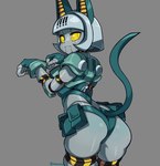 :3 belt_pouch butt clothing colored_nails eyelashes female fingerless_gloves gloves grey_background grey_hair hair handwear looking_at_viewer looking_back machine nails paw_pose pose pseudo_hair short_hair simple_background solo yellow_eyes yellow_nails waa153 skullgirls robo-fortune animal_humanoid cat_humanoid felid felid_humanoid feline feline_humanoid humanoid mammal mammal_humanoid robot robot_humanoid 2022 hi_res portrait three-quarter_portrait