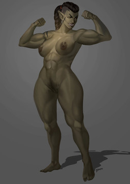 abs breasts female flexing front_view genitals green_body green_skin grey_background grin hair humanoid_pointy_ears muscular muscular_female muscular_humanoid nipples not_furry pointy_ears ponytail pubes simple_background smile solo standing vulva bremonqueen_(artist) vem_(thermorium) humanoid orc 2021 full-length_portrait hi_res portrait