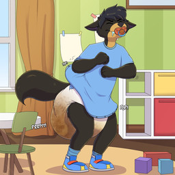 anthro baby_bodysuit clothed clothing diaper feces front_view male object_in_mouth onesie orange_pacifier pacifier pacifier_in_mouth pooping soiled_diaper soiling soiling_diaper solo unclean_diaper used_diaper using_diaper wearing_diaper baltnwolf smoky_(smoky_doggo) canid canine canis domestic_dog mammal 1:1 digital_media_(artwork) hi_res