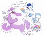 2017 anthro belly big_belly black_nose blue_body blue_fur blue_hair blue_nose canid canine canis countershading dessert dialogue digital_drawing_(artwork) digital_media_(artwork) domestic_dog doughnut duo ear_piercing eating english_text exclamation_point food frosting fur hair hi_res husky hybrid hypnosis male mammal markings mind_control multicolored_body multicolored_fur multicolored_tail nordic_sled_dog nude open_mouth overweight piercing purple_body purple_fur raccoonkind simple_background sky_(xenonwolf) smile speech_bubble spiral_eyes spitz tail teeth text two_tone_body two_tone_fur weight_gain white_background white_body white_fur wintie wolf