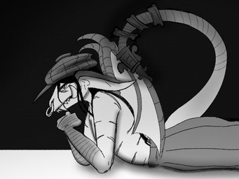 accessory anthro arm_support big_ears big_fangs black_background bottomwear clothed clothing facial_piercing fangs female flat_cap flat_chested furgonomics gloves hair handwear hat headgear headwear long_hair looking_at_viewer lying markings membrane_(anatomy) membranous_wings nose_piercing nose_ring on_front pants piercing pose ring_piercing scales scar side_view simple_background solo striped_markings striped_tail stripes suspenders tail tail_accessory tail_markings teeth topless wings tonisk deadlock_(game) valve valve_corporation ivy_(deadlock) gargoyle digital_drawing_(artwork) digital_media_(artwork) greyscale monochrome