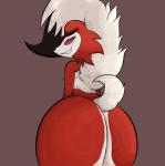 2017 absurd_res anthro ashirenu big_butt brown_background butt canid canine female fur generation_7_pokemon grin hi_res lycanroc mammal midnight_lycanroc nintendo nude pokemon pokemon_(species) red_body red_fur simple_background smile solo