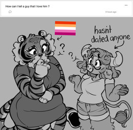 anthro big_breasts black_stripes black_text bottomwear breasts clothed clothed_anthro clothed_female clothing curled_tail denim denim_bottomwear denim_clothing denim_shorts directional_arrow duo eyewear facial_markings female gesture glasses hand_on_face head_markings horn leg_tuft lesbian_pride_colors lgbt_pride long_tail looking_down markings medium_breasts pride_colors question question_mark questions_and_answers shorts shrug speech_bubble stated_sexuality striped_arms striped_face striped_markings striped_tail stripes tail tail_markings text thinking topwear tuft white_clothing white_topwear highlandkall kall_(highlandkall) naomi_(highlandkall) bovid bovine cattle felid mammal pantherine tiger 2024 digital_drawing_(artwork) digital_media_(artwork) english_text hi_res