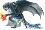 anthro black_body black_scales blue_body blue_fur crouching fur green_eyes magic male melee_weapon membrane_(anatomy) membranous_wings nude scales simple_background solo sword tail weapon white_background wings alectorfencer mythology canid canine canis dragon hybrid mammal mythological_creature mythological_scalie scalie wolf