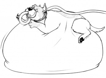 belly big_belly feral hose hose_inflation huge_belly inflation male simple_background solo white_background saphiros disney oliver_and_company canid canine canis domestic_dog mammal 2014 monochrome